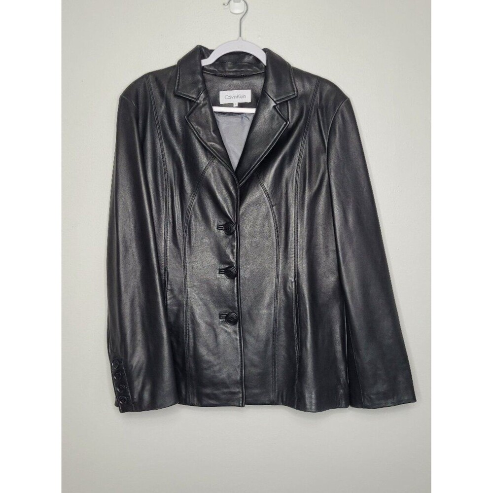 Calvin Klein black leather button front classic timeless jacket size large
